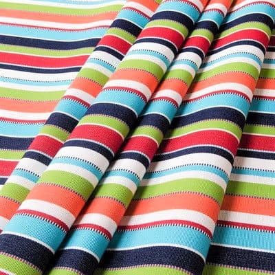 Folded fabric with colourful horizontal stripes in shades of blue, green, red, orange, black, and white.