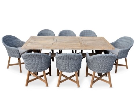 A rectangular wooden dining table surrounded by eight grey wicker chairs with wooden legs, all arranged on a white background.
