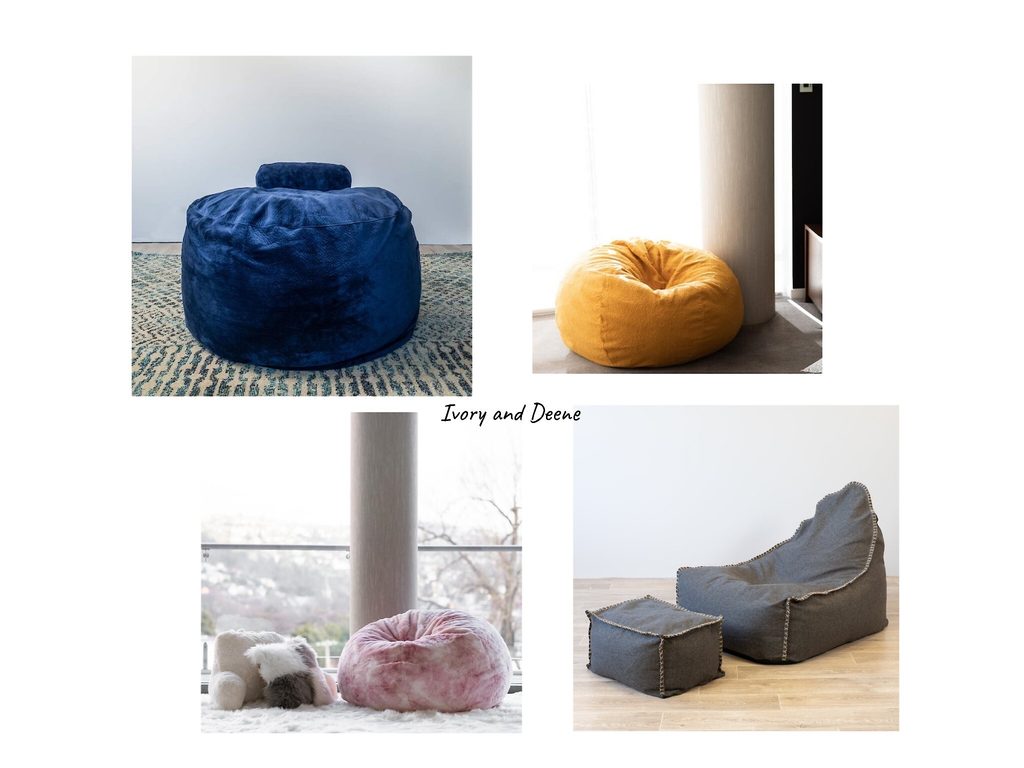 Four different beanbags: a blue beanbag with a small cushion, a yellow beanbag, a pink beanbag with toys, and a grey beanbag with a matching ottoman. “Ivory and Deene” text in centre.