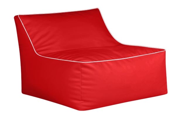 A modern red bean bag chair with white piping, featuring a wide seat and angled backrest, on a plain white background.