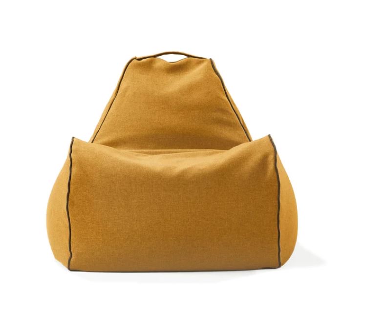 A mustard yellow bean bag chair with a handle on top, shown against a white background. The chair has visible seams along the edges.