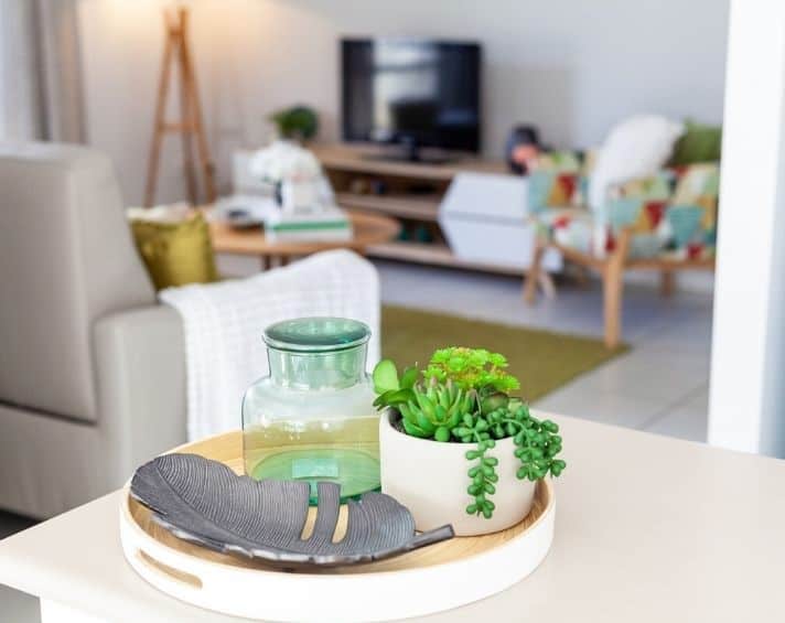 A white tray with a green glass jar, decorative grey leaf, and small potted succulents on a table; living room with TV and colourful chair in the background.