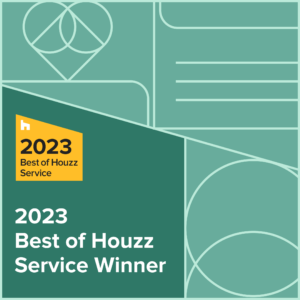 2023 Best of Houzz Service Winner badge in teal and yellow with geometric line art background.