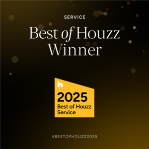 Black and gold graphic with the text: “Best of Houzz Winner, Service, 2025 Best of Houzz Service” and hashtag #BESTOFHOUZZ2025 at the bottom.