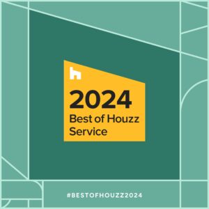 Yellow badge reading “2024 Best of Houzz Service” on a green geometric background with #BESTOFHOUZZ2024 at the bottom.