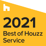 Yellow graphic with the Houzz logo, large text reading “2021 Best of Houzz Service” in black font.