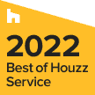 Yellow badge with white “h” logo and text: “2022 Best of Houzz Service”.