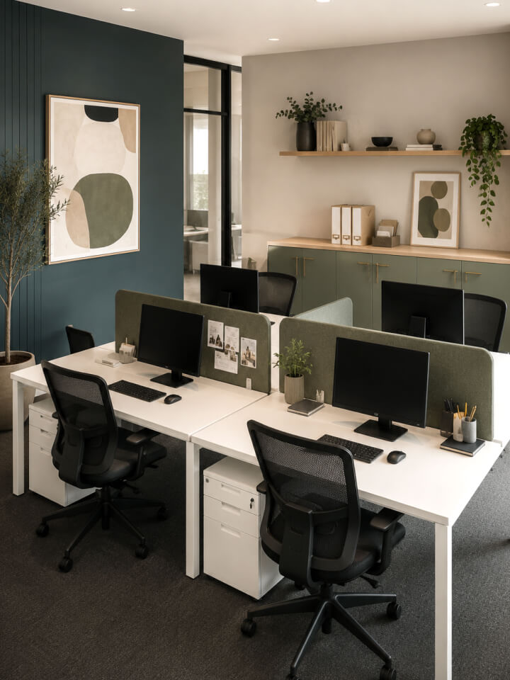 Modern office with four workstations, black chairs, computers, plants, shelves, and abstract art on the wall. The space is clean, organised, and well-lit with natural and artificial light.