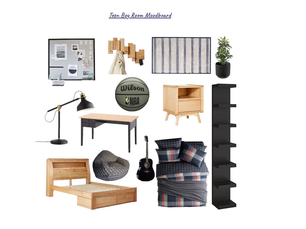 Mood board for a teen boy’s room featuring furniture, bedding, a desk, lamp, wall art, hooks, rug, plant, basketball, beanbag, and guitar arranged on a white background.