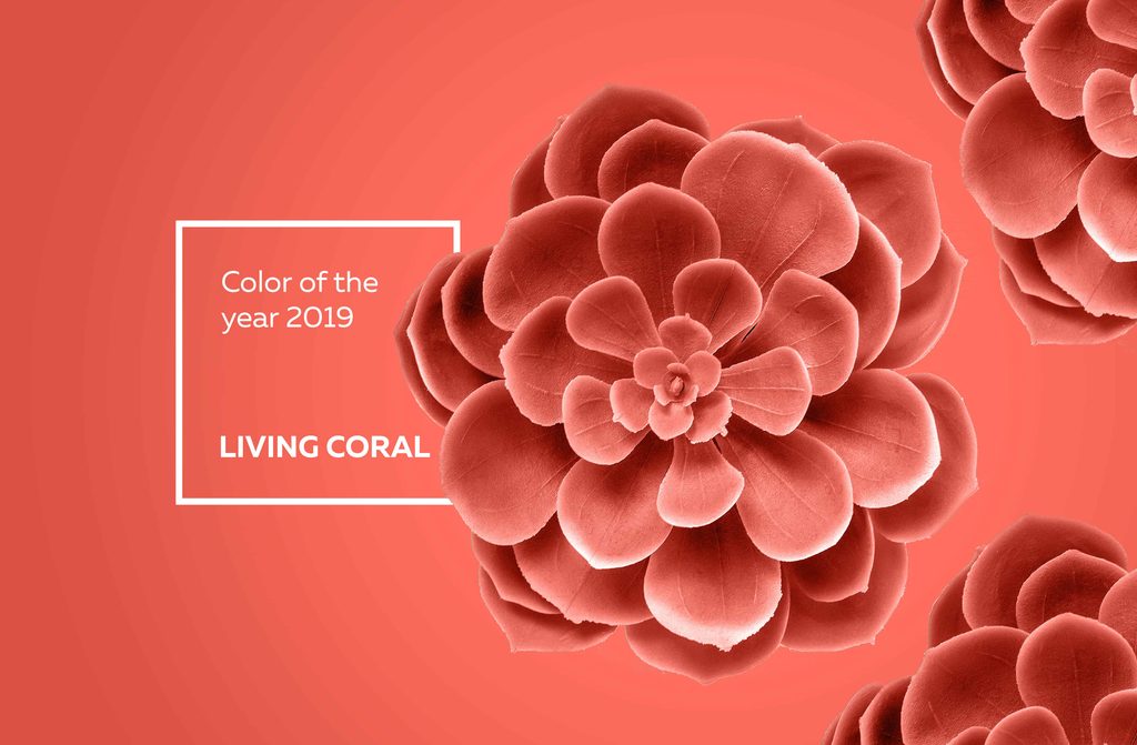 Three stylised succulent flowers in orange-pink coral colour with the text “Colour of the year 2019 LIVING CORAL” on a matching solid background.