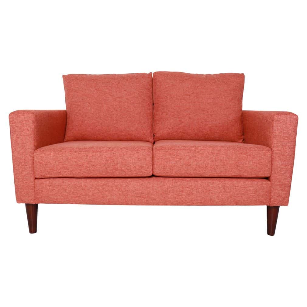 A coral-coloured, two-seater sofa with square cushions and wooden legs, shown from the front against a white background.