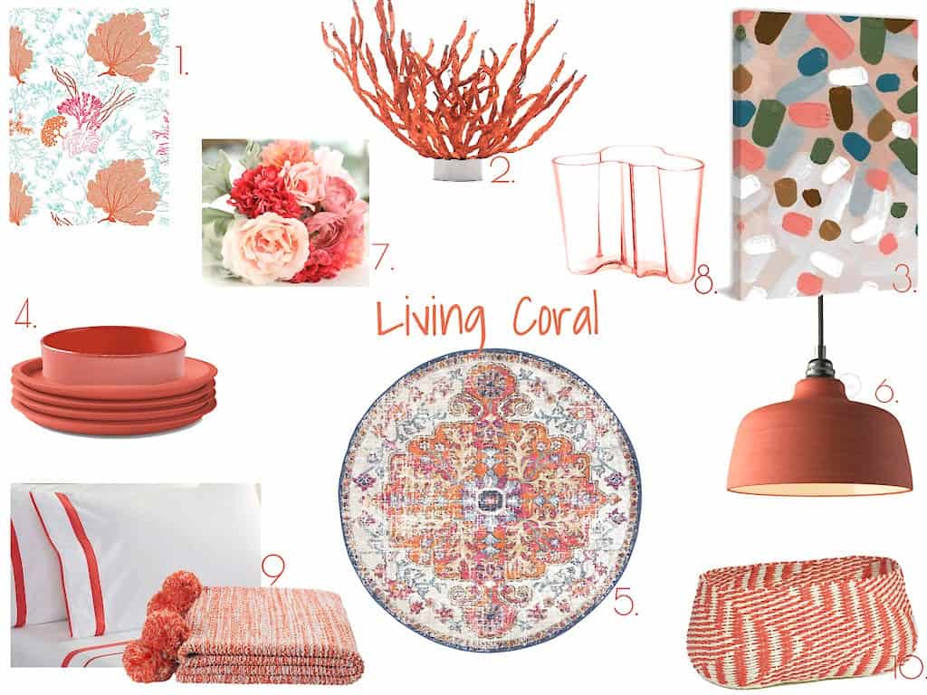 Collage of home decor items in coral tones, including crockery, rug, lamp, artwork, flowers, towels, cushion, coral sculpture, and throw blanket, all labelled with “Living Coral” in the centre.