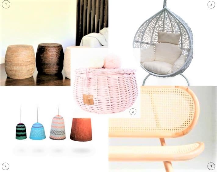 Collage showing wicker stools, a hanging wicker chair, a pink wicker basket, coloured woven pendant lights, and a close-up of a rattan bench with a cane backrest.