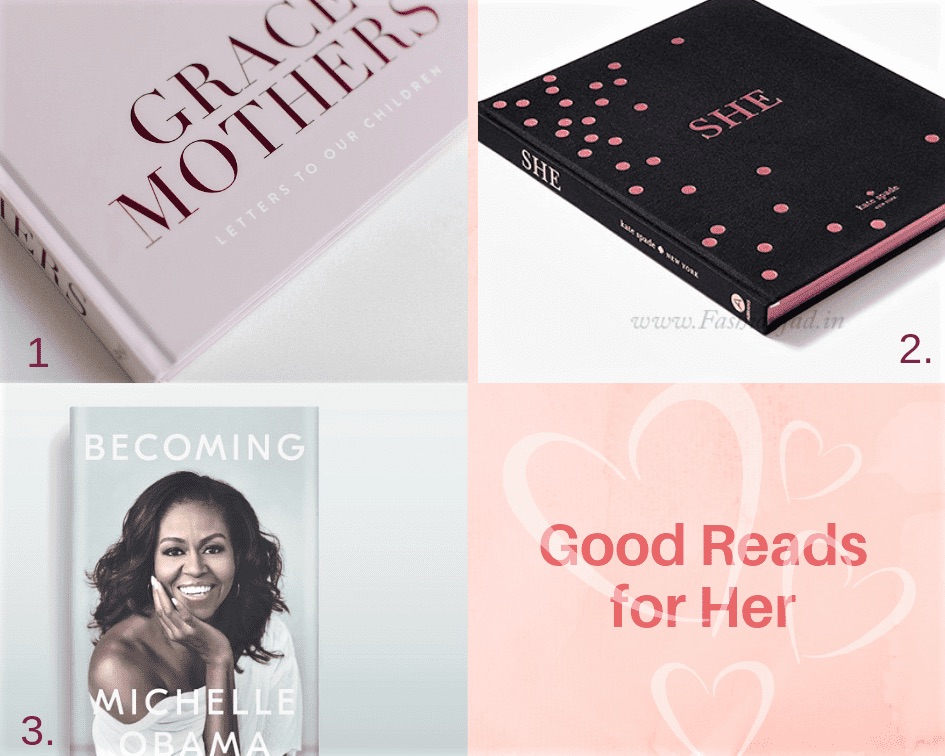 A collage of three books—“Grace Mothers,” “She,” and “Becoming” by Michelle Obama—plus a pink square reading “Good Reads for Her” with heart shapes in the background.