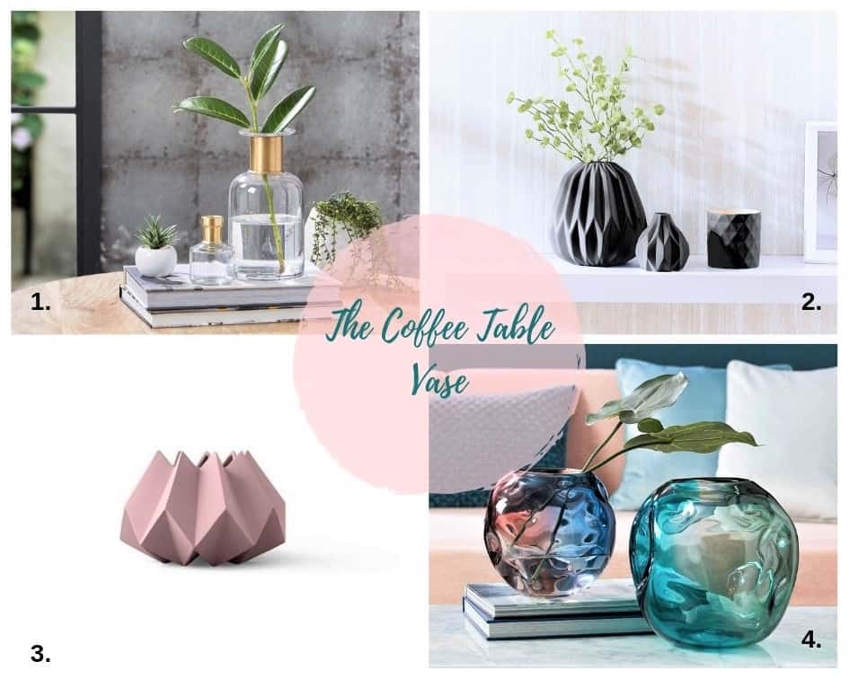 A collage of four modern vase styles on tables with books and plants, labelled 1 to 4, under the text “The Coffee Table Vase”.