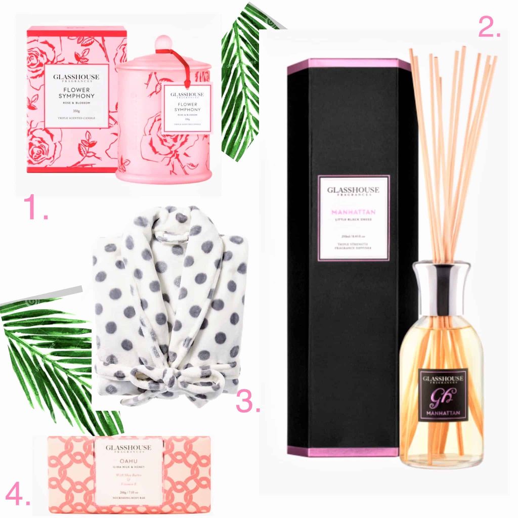 Collage of four items: pink floral candle, pink candle in jar, polka dot dressing gown, pink soap, and a tall reed diffuser, with green palm leaves and numbered labels 1 to 4.