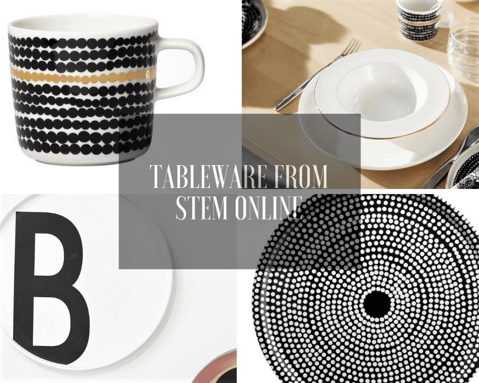 Collage of black and white patterned tableware, including a mug, plates, and a bowl, with text overlay: “Tableware from Stem Online”.
