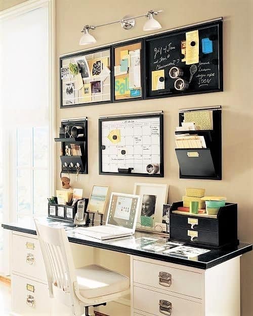 Organised home office with a desk, chair, computer, phone, office supplies, and wall-mounted boards and organisers above, next to a large window with natural light.