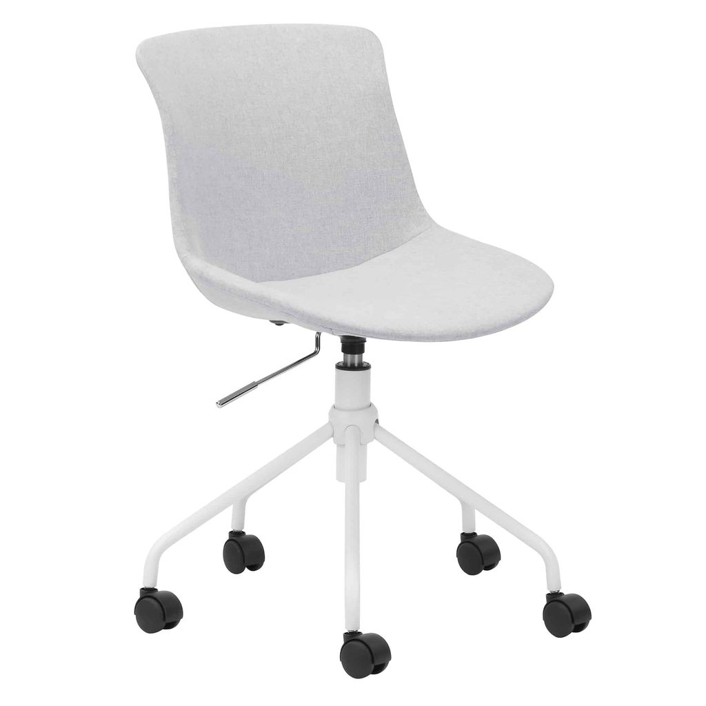 White office chair with a fabric seat, adjustable height lever, and five castor wheels on a metal base.