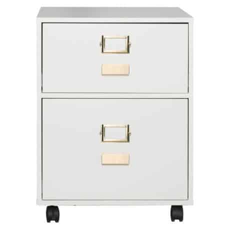 White two-drawer filing cabinet with gold handles and label holders, set on black castor wheels, against a plain background.