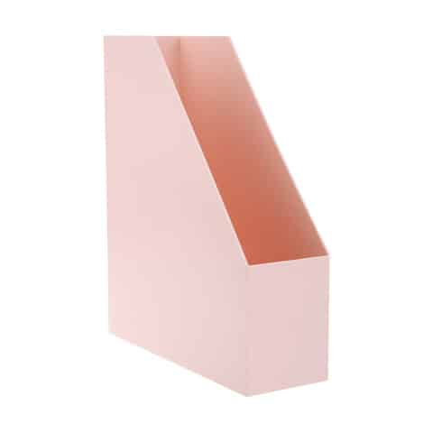 A pink, rectangular, cardboard magazine file with an angled open top, photographed on a white background.