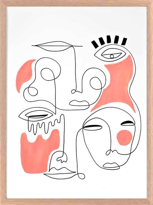 Abstract line drawing of several faces and shapes accented with red areas, framed in light wood.