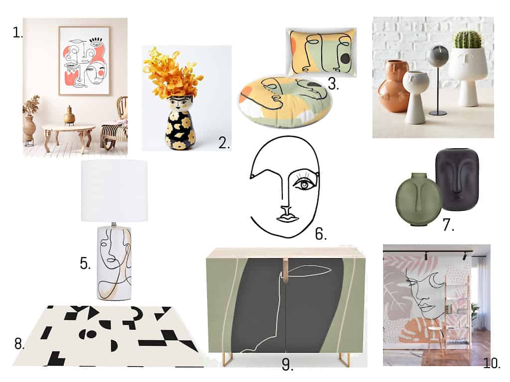 Collage of ten abstract line art home décor items, including wall art, vase, cushions, vases, lamp, rug, wall print, cabinet, and shower curtain, all numbered for reference.