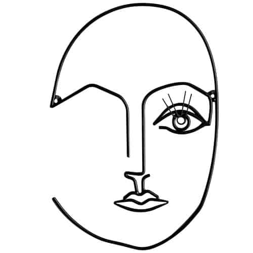 Minimalist line drawing of a face with one eye detailed and the other eye missing, featuring simple lips and abstract, continuous lines.