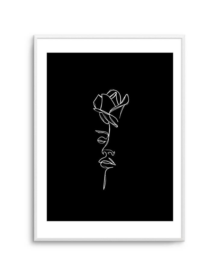 Minimalist line drawing of a face with closed eyes and a flower above the forehead, set against a solid black background in a white frame.