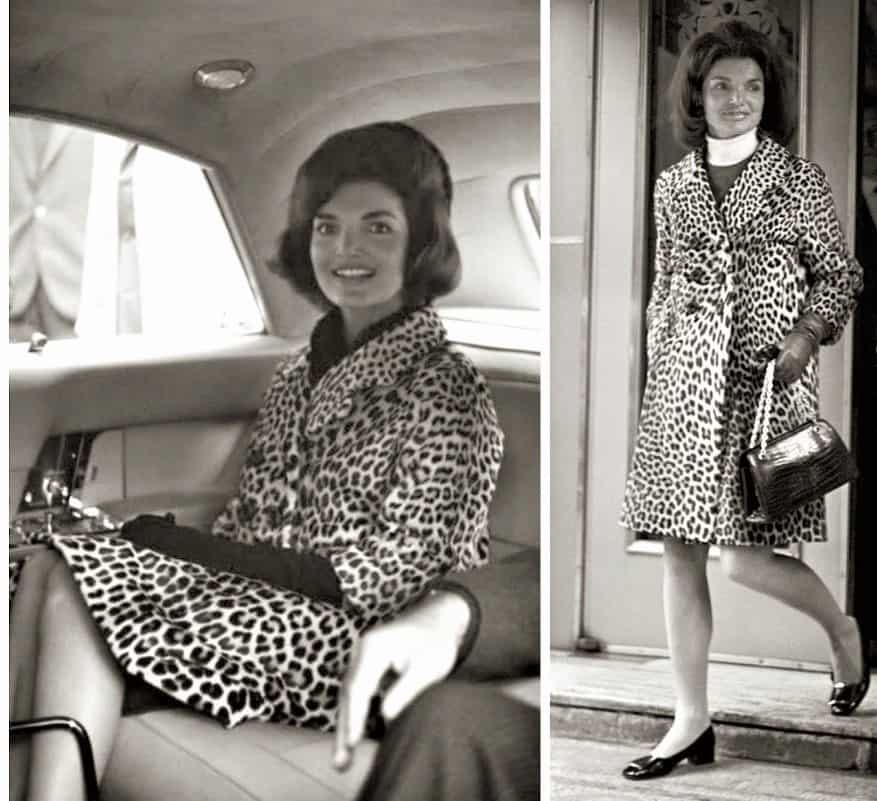 Two black-and-white photos show a woman wearing a leopard-print coat; in one, she sits in a car, in the other, she stands outside holding a handbag.
