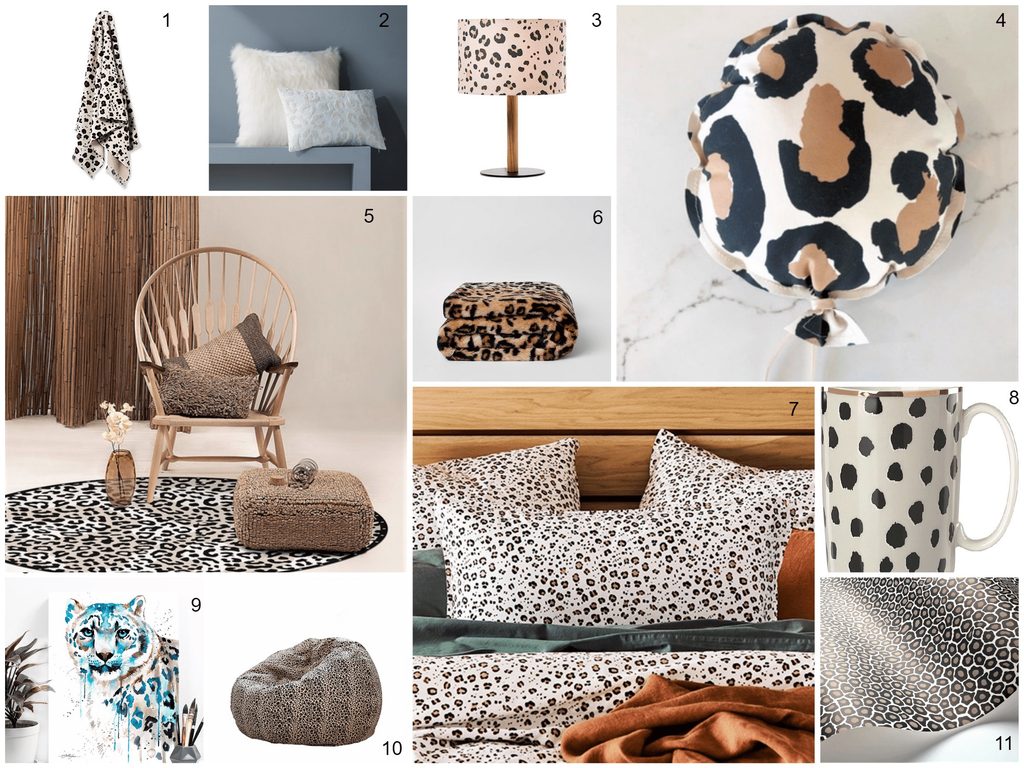 Collage of eleven items featuring animal print designs, including bedding, mugs, pillows, lamps, decor, and a towel, arranged in a grid layout.